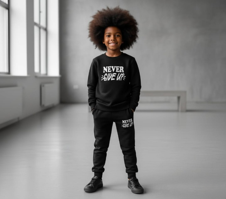Kids “Never Give Up” Printed Black & Black Tracksuit Set | Winter Fleece Sweatshirt & Trouser Outfit for Boys & Girls – Warm & Motivational FOR BABY AND KIDS - Image 3