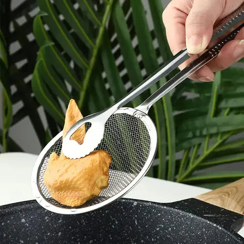 2 IN 1 FRYING TONG | Imported Small Multi-functional 2 in 1 Fry Tool Filter Spoon Strainer With Clip, Oil Frying BBQ Filter Stainless Steel Mesh - Image 2