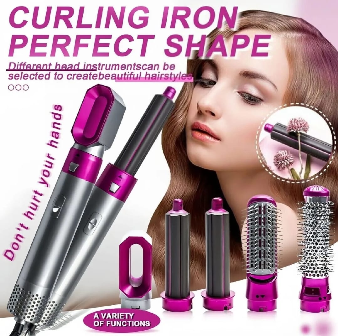 High Quality 5 In 1 Hair Styler Brush | Hair Straightener, Curler, Blow Dryer & Volumizer | Negative Ionic Electric Air Wrap With Detachable Brush Heads (Random Color) - Image 2