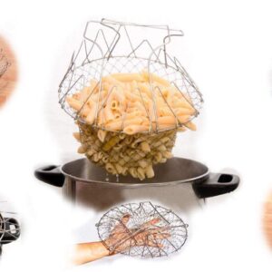STAINLESS STEEL MULTI-FUNCTIONAL FOLDABLE COOKING Chef Basket Deluxe Kitchen Colander, MESH STEAM RINSE STRAIN FRY BASKET DEEP FRYER