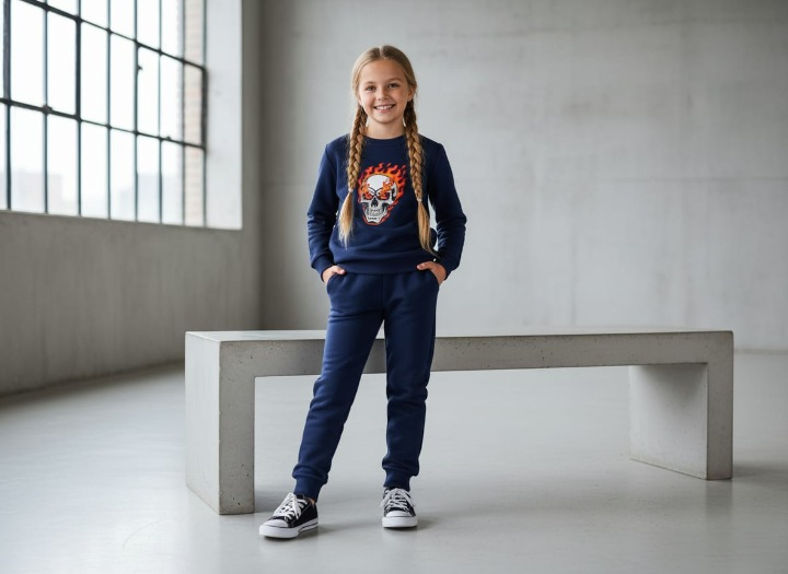 Kids Navy Blue Ghost Skull Printed Tracksuit Set | Winter Fleece Sweatshirt & Trouser Outfit for Boys & Girls – Warm, Trendy & Cool | FOR BABY AND KIDS - Image 2
