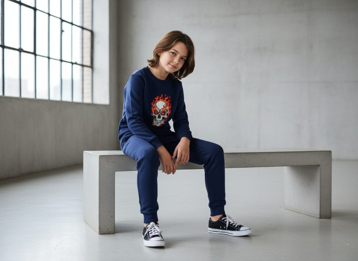 Kids Navy Blue Ghost Skull Printed Tracksuit Set | Winter Fleece Sweatshirt & Trouser Outfit for Boys & Girls – Warm, Trendy & Cool | FOR BABY AND KIDS - Image 3
