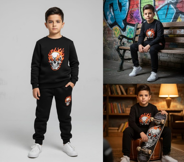 Black Printed Kids Tracksuit | Winter Fleece Sweatshirt & Trouser Set – Warm, Soft & Stylish Winter Garments for Boys & Girls FOR BABY AND KIDs - Image 3