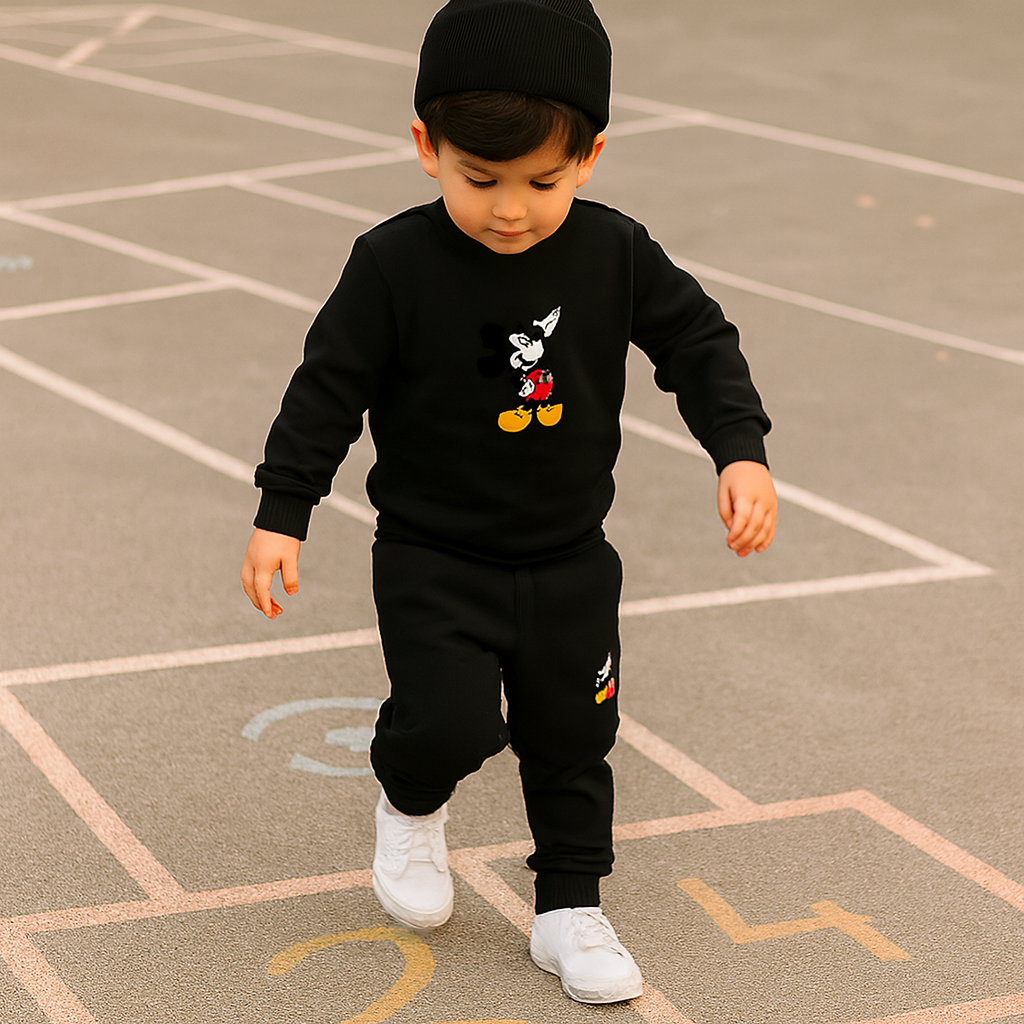 Black Mickey Mouse Printed Kids Tracksuit | Winter Fleece Sweatshirt & Trouser Set for Boys & Girls – Warm & Stylish Outfit FOR BABY AND KIDS - Image 2