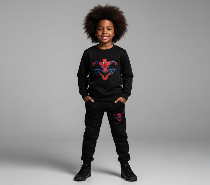 Kids Spider-Man Printed Black & Black Tracksuit Set | Winter Fleece Sweatshirt & Trouser Outfit for Boys & Girls – Warm & Trendy FOR BABY AND KIDS - Image 3