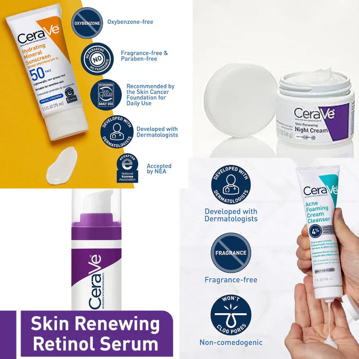 CeraVe 4-in-1 Skincare Bundle: Night Cream, Sunblock, Cleanser & Serum for Radiant Skin