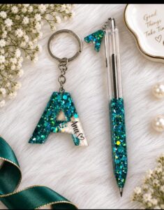 Customized Resin Pen with Matching Keychain Gift Set – Personalized Alphabet & Name Pen Deal