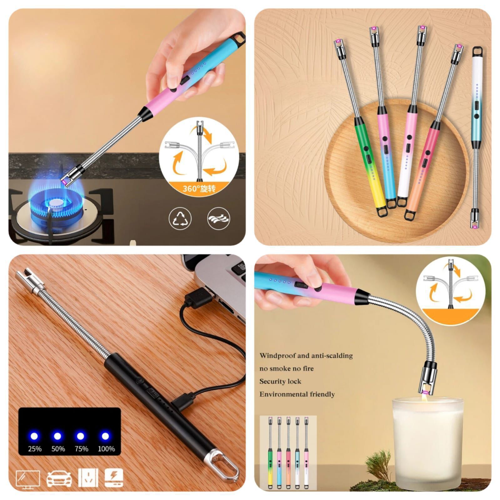 Arc Lighter With Usb Charging | Flameless Windproof | LED Battery Display | Safety Switch | Rotate 360 Degrees ( Random Color ) - Image 2