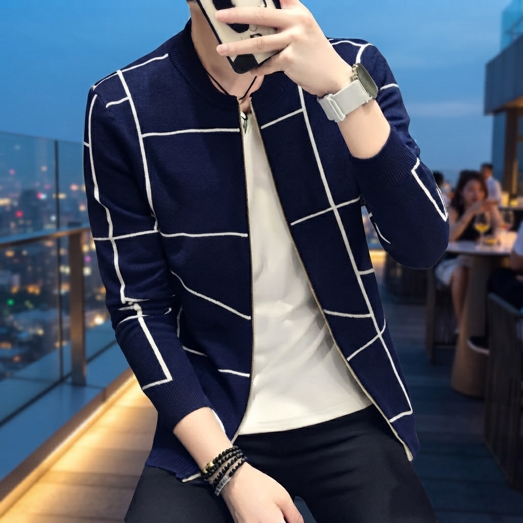 Men's Grid Pattern Casual Jacket Stylish Grid Pattern Outerwear For Men Modern Casual Jacket - Image 2