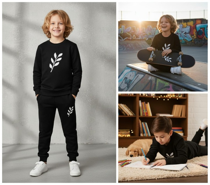 Kids Printed Stylish Black & Black Tracksuit Set | Winter Fleece Sweatshirt & Trouser Outfit for Boys & Girls – Warm & Trendy FOR BABU AND KIDS - Image 2