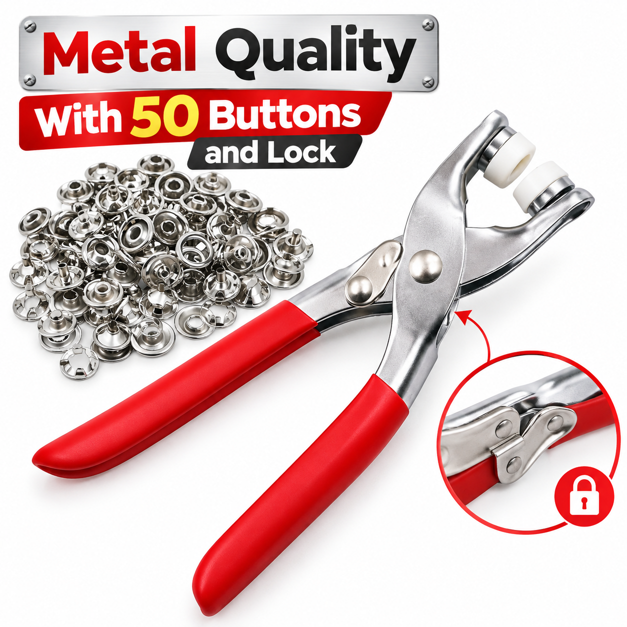 Metal Hand Press Button Plier With 50 Tich Buttons with lock | Tich and Snap Button Press Tool DIY - Image 3