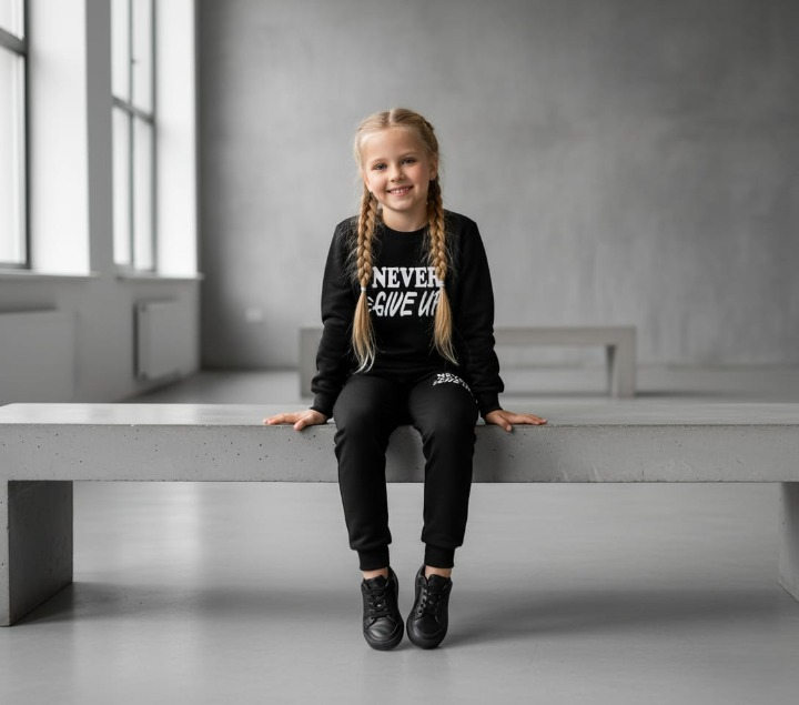 Kids “Never Give Up” Printed Black & Black Tracksuit Set | Winter Fleece Sweatshirt & Trouser Outfit for Boys & Girls – Warm & Motivational FOR BABY AND KIDS - Image 2